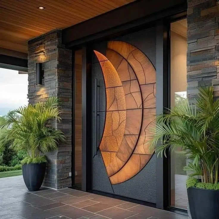 Modern hardwood entrance pivot door